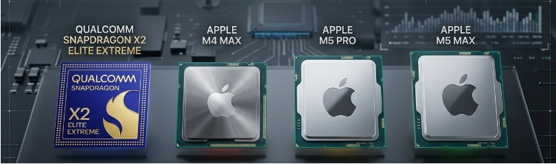 A Snapdragon X2 Elite Extreme önmagában brutálisan gyors, de az M5 Pro és M5 Max mellett akár egy generációval is lemarad