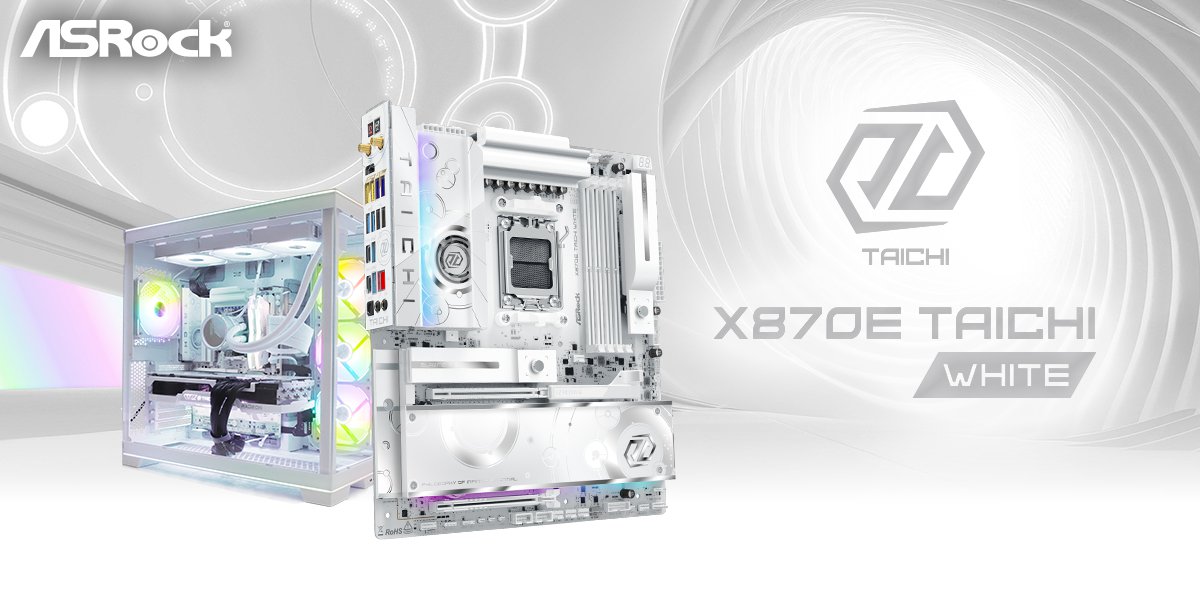 ASRock hófehér X870E Taichi White alaplap — 27 fázisú VRM, PCIe 5.0 és modern csatlakozók a Ryzen 9 9950X3D-hez