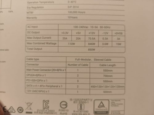 A DeepCool PN850M adattáblája a teljesítmény- és kábeladatokkal