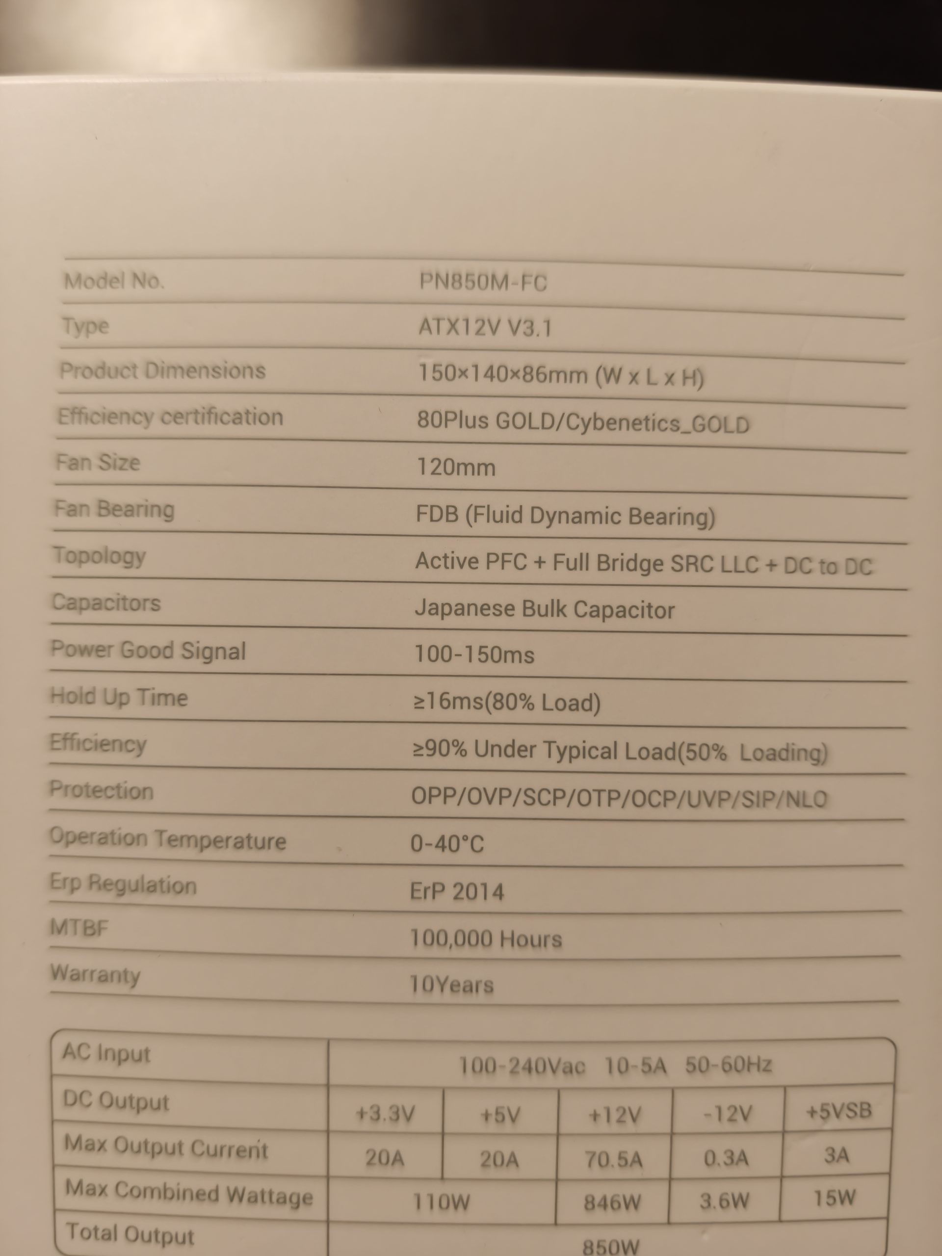 A DeepCool PN850M műszaki adatlapja a méret-, hatásfok- és védelmi adatokkal
