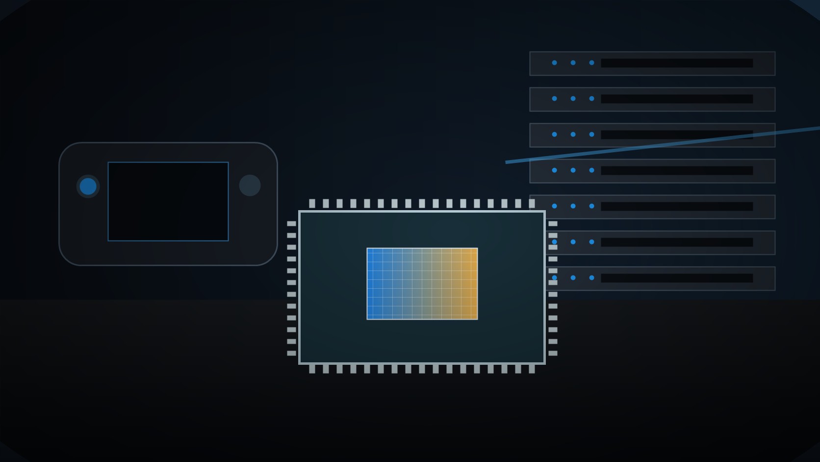 AI chip, szerver és handheld eszköz illusztráció Intel Computex témához