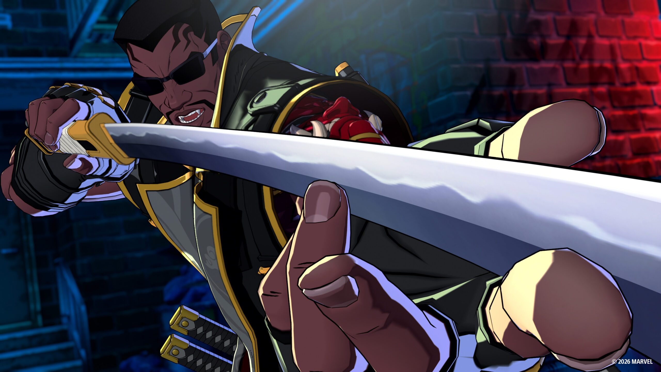 Blade karddal támad a Marvel Tokon Fighting Souls egyik jelenetében