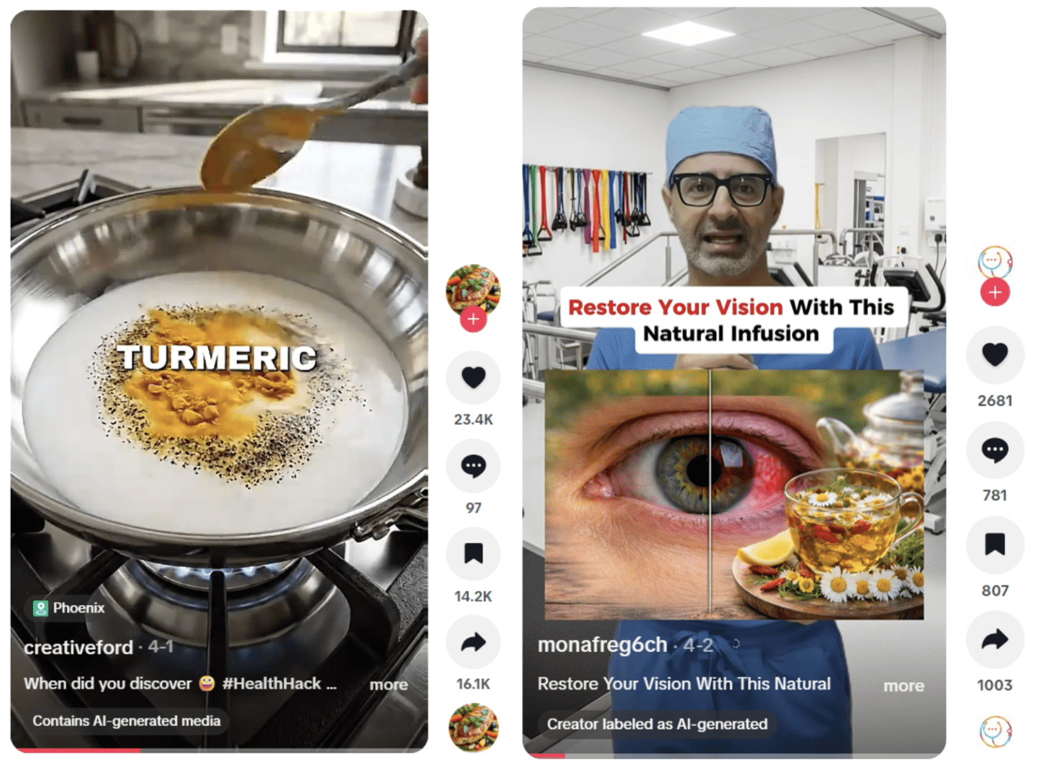Két, AI-jelöléssel ellátott egészségügyi TikTok-videó