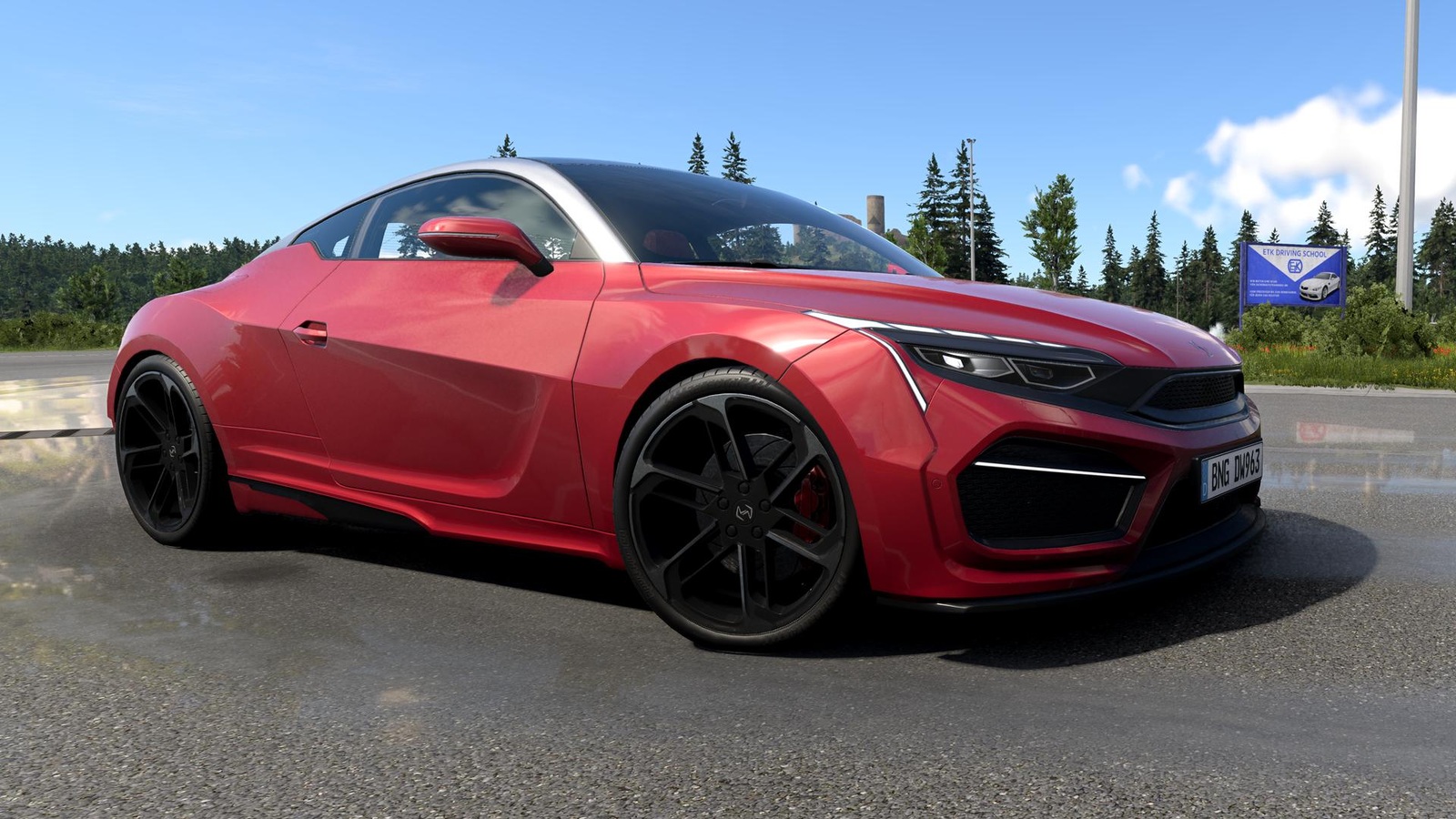 Piros sportkupé nappali fényben a BeamNG.drive 0.39-ben