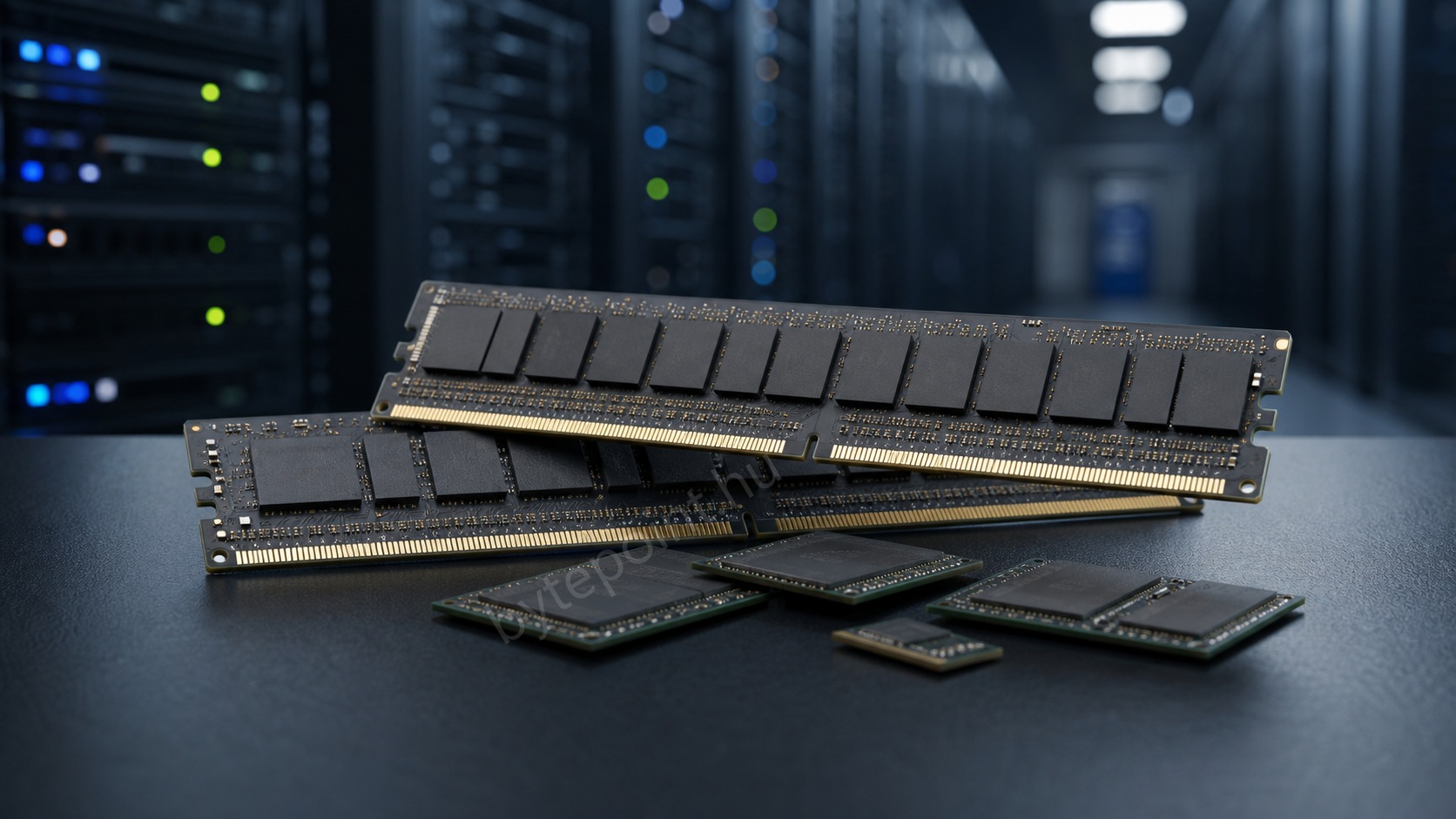 DDR5 memóriamodulok és memóriachipek egy szerverterem előtt