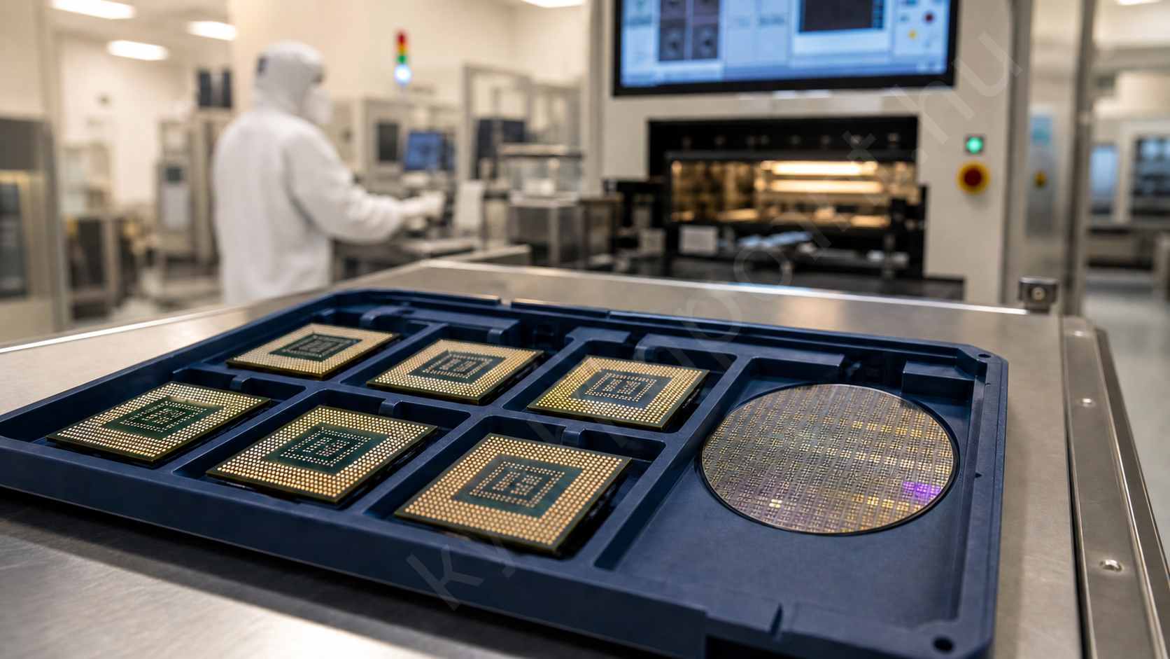 Félkész chipek és wafer tisztatéri gyártóasztalon, a TSMC áremeléséről szóló illusztráció