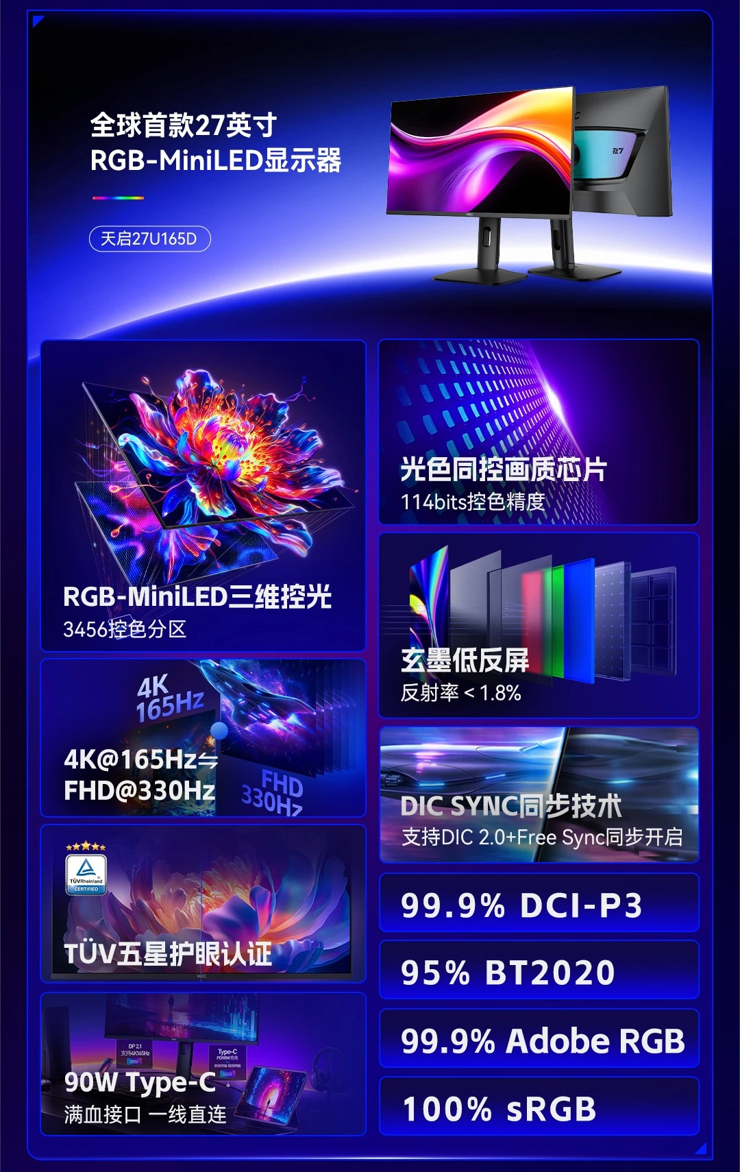 A HKC 27 hüvelykes Apex 27U165D RGB Mini LED monitorának specifikációs lapja.
