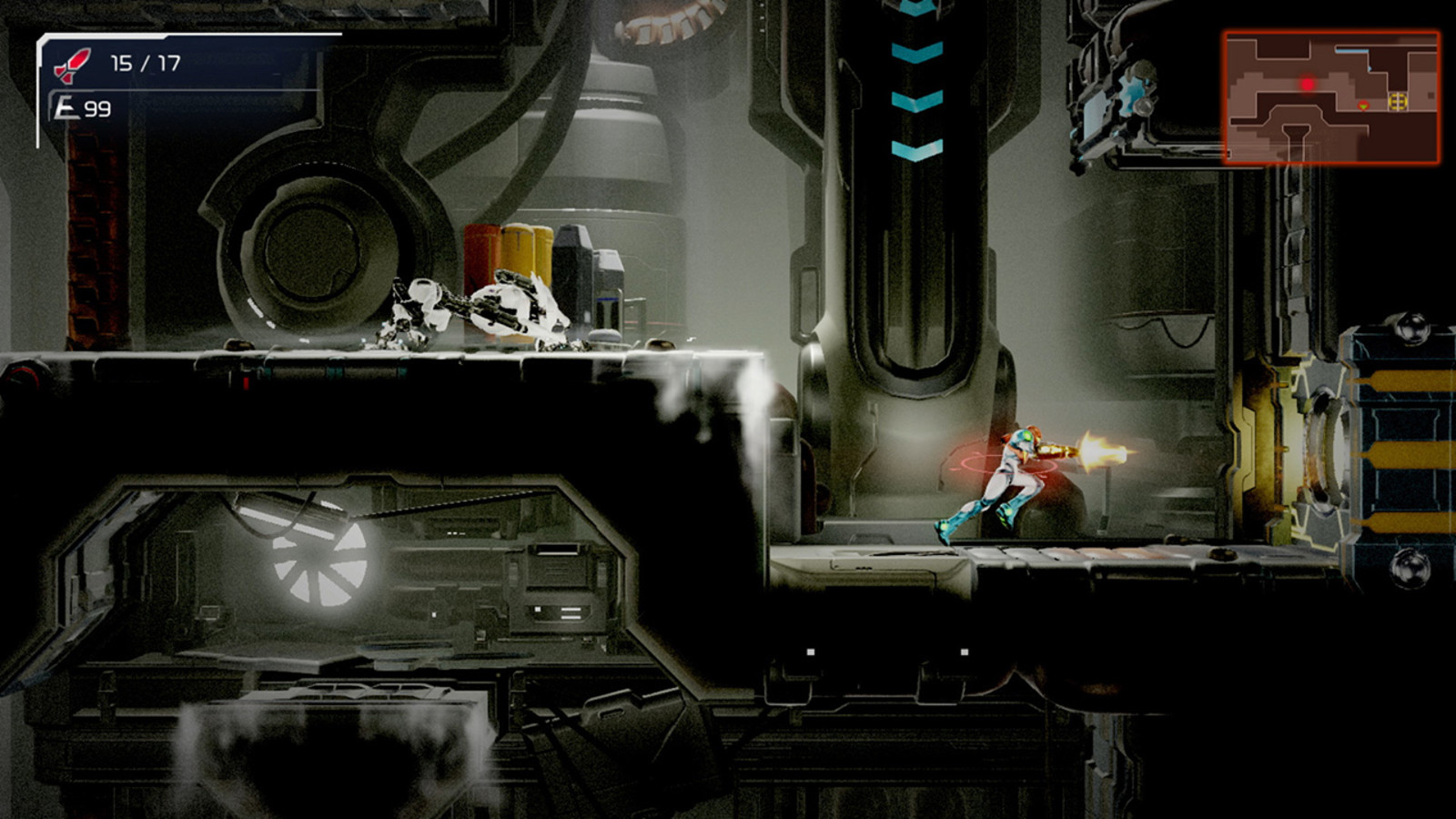 Samus oldalnézetes harc közben a Metroid Dreadben