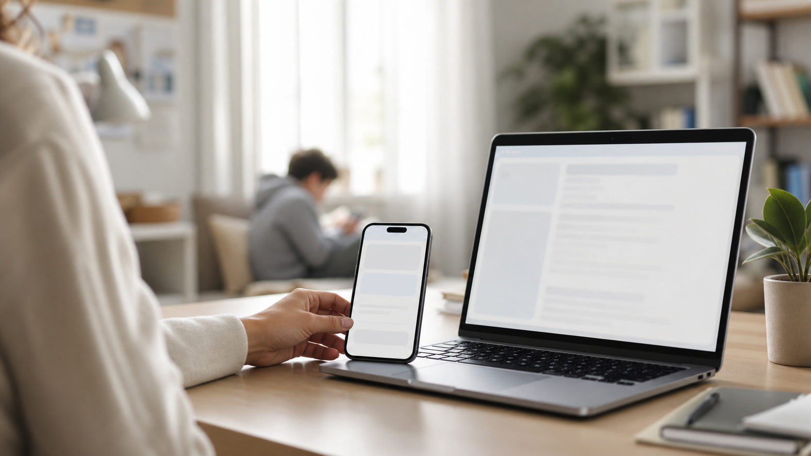 Otthoni laptop és telefon egy felnőtt, valamint egy kamasz használati helyzetében.