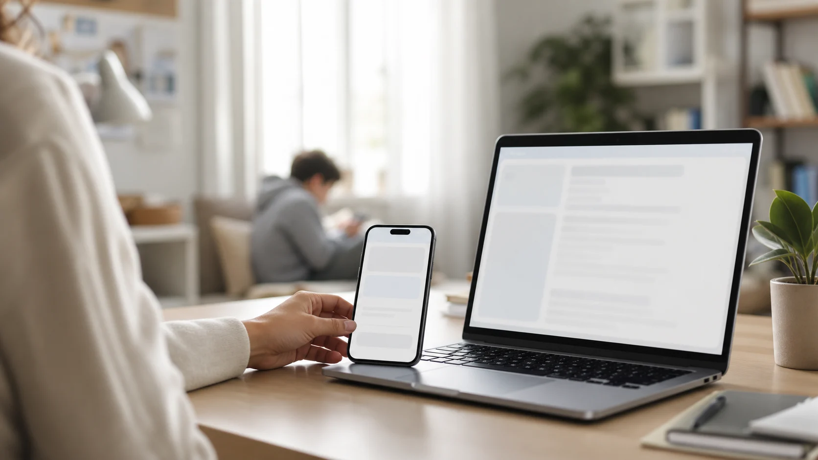 Otthoni laptop és telefon egy felnőtt, valamint egy kamasz használati helyzetében.