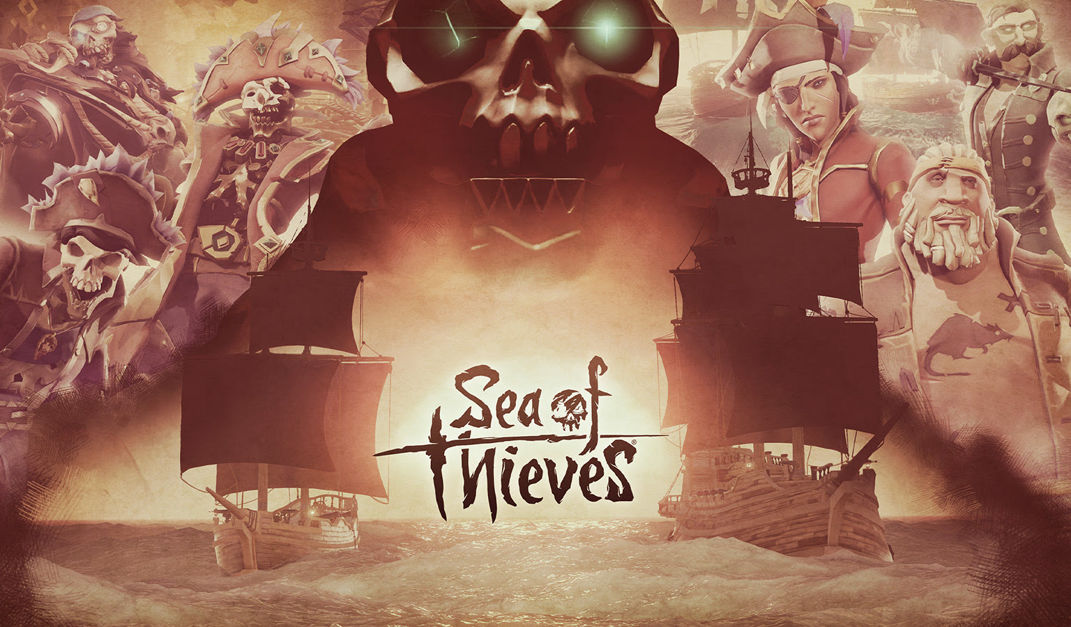 A Sea of Thieves hivatalos képe szereplőkkel és hajókkal