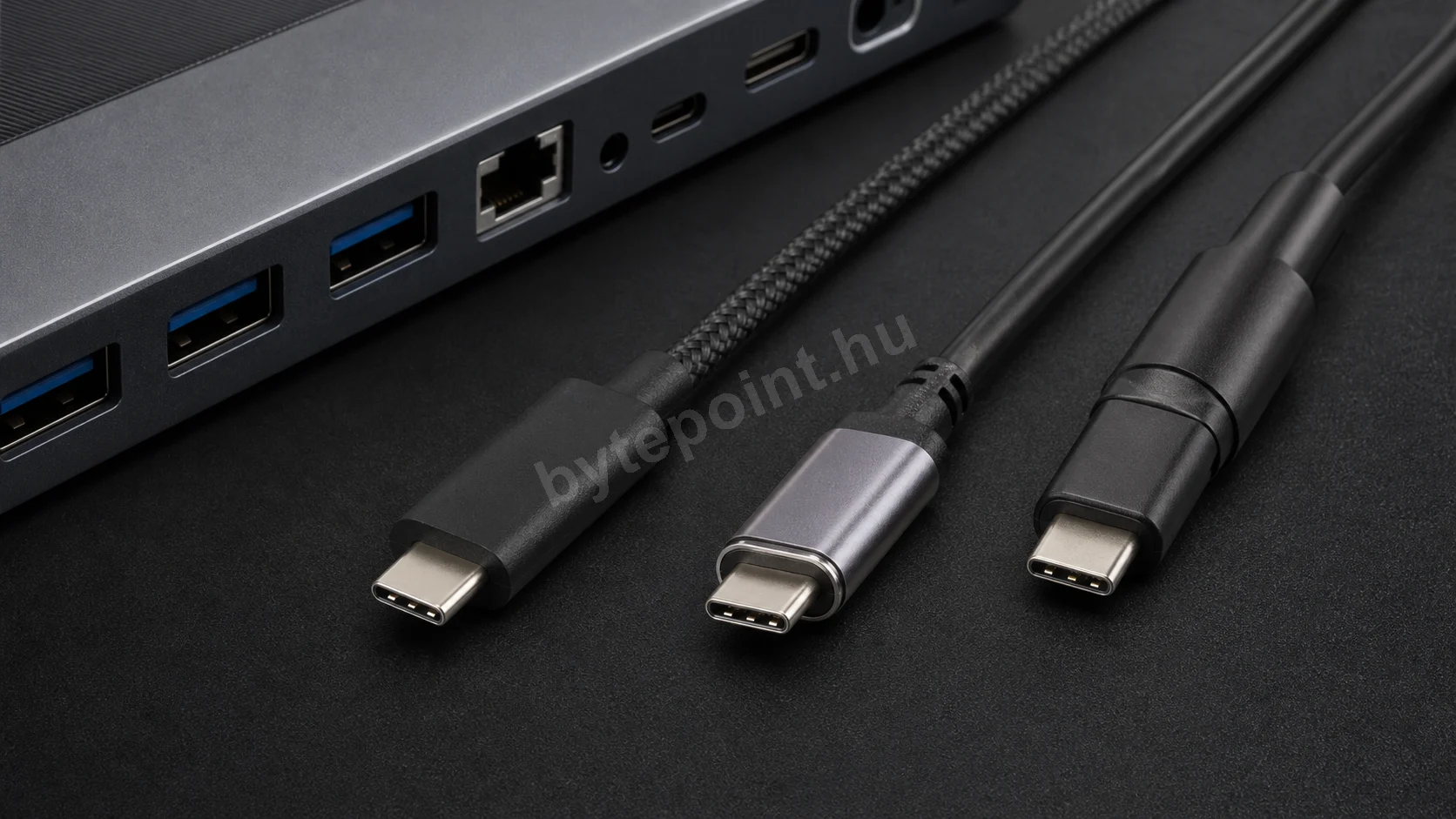 USB-C kábelek és dokkoló egy asztalon