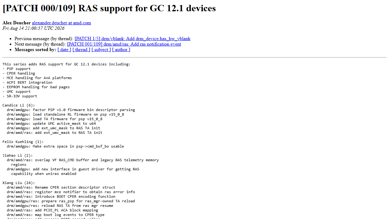 Az amd-gfx levelezőlista fejlécében az AMD GFX 12.1 eszközökhöz készült 109 patchből álló RAS-sorozat címe látható