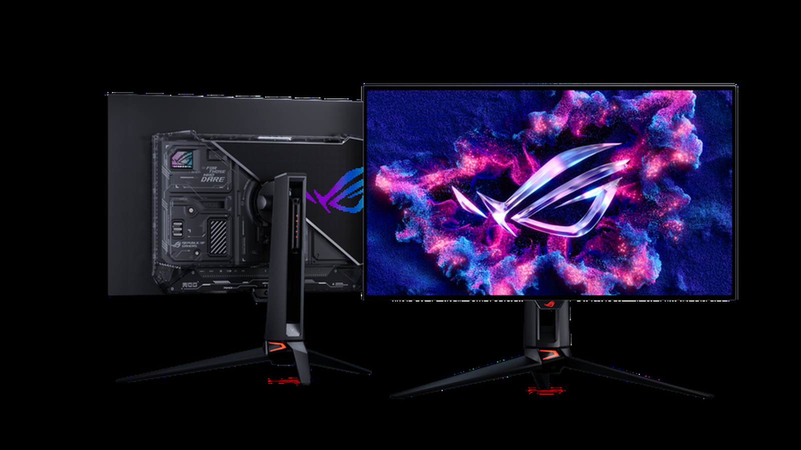 Asus ROG Swift OLED monitor, billentyűzettel és fejhallgatóval az asztalon