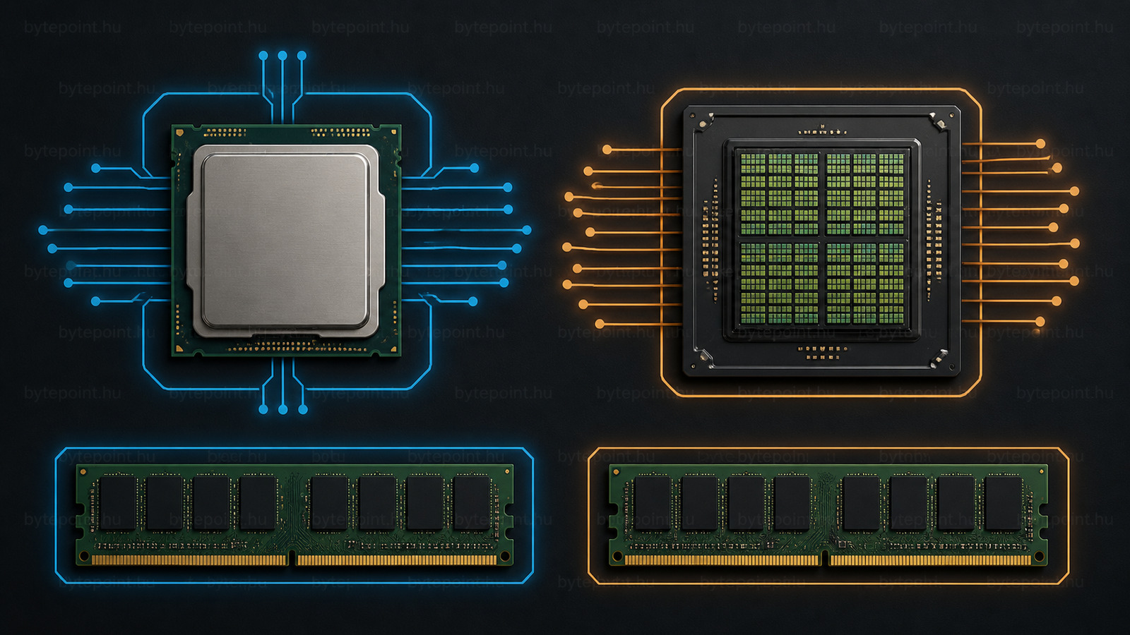 Szemléltető ábra a CPU és GPU eltérő felépítéséről, valamint a rendszermemória és videomemória különbségéről