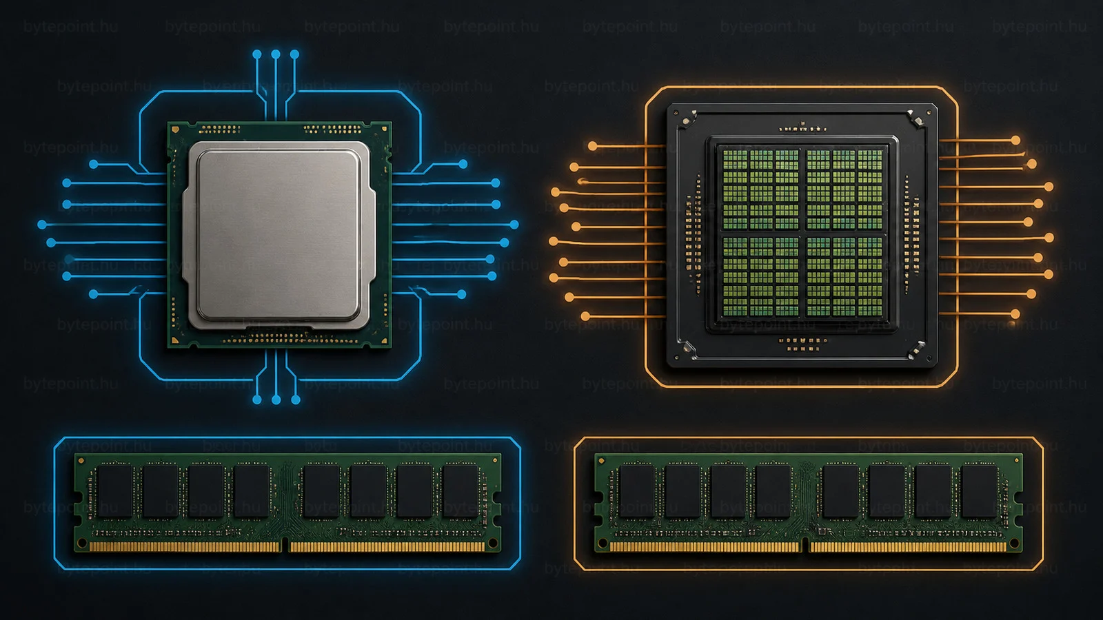 Szemléltető ábra a CPU és GPU eltérő felépítéséről, valamint a rendszermemória és videomemória különbségéről