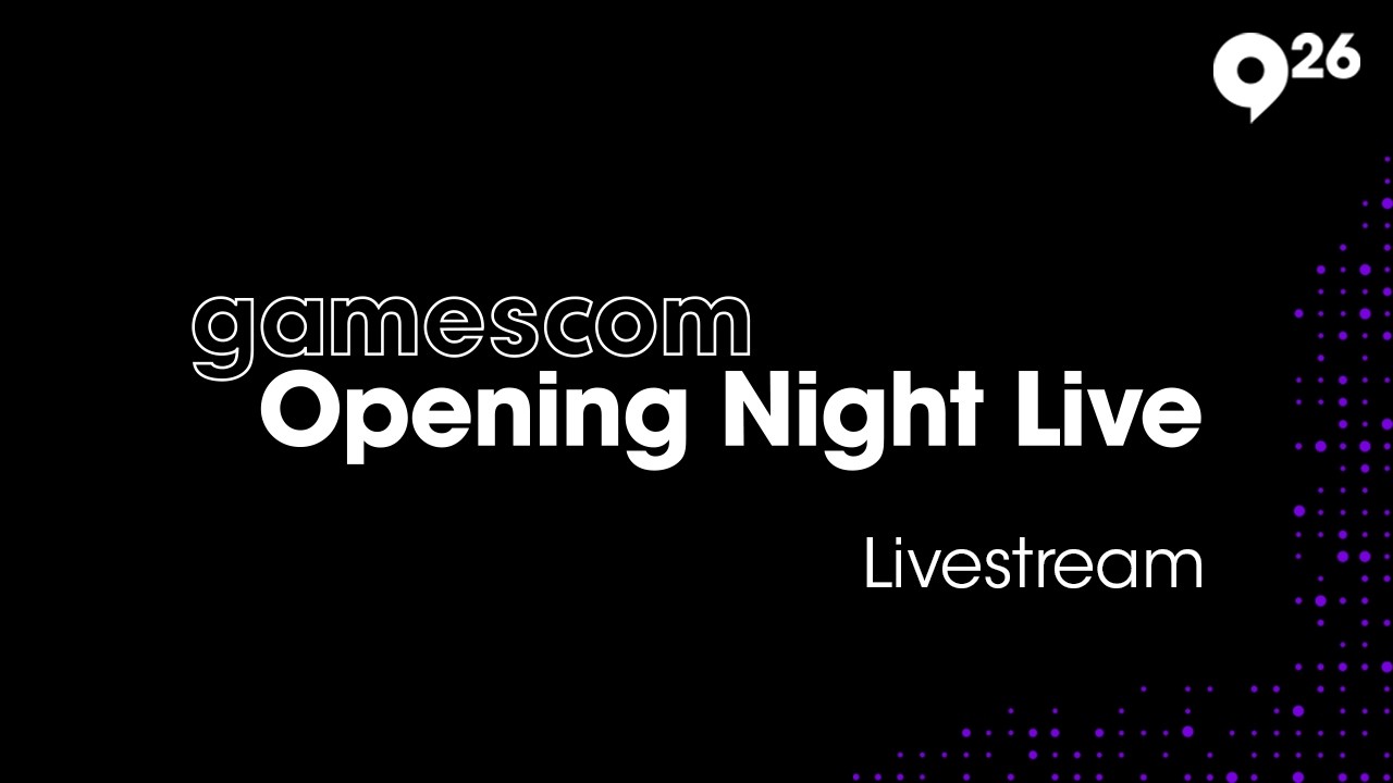 A gamescom Opening Night Live 2026 hivatalos közvetítésének fekete és lila feliratos képe
