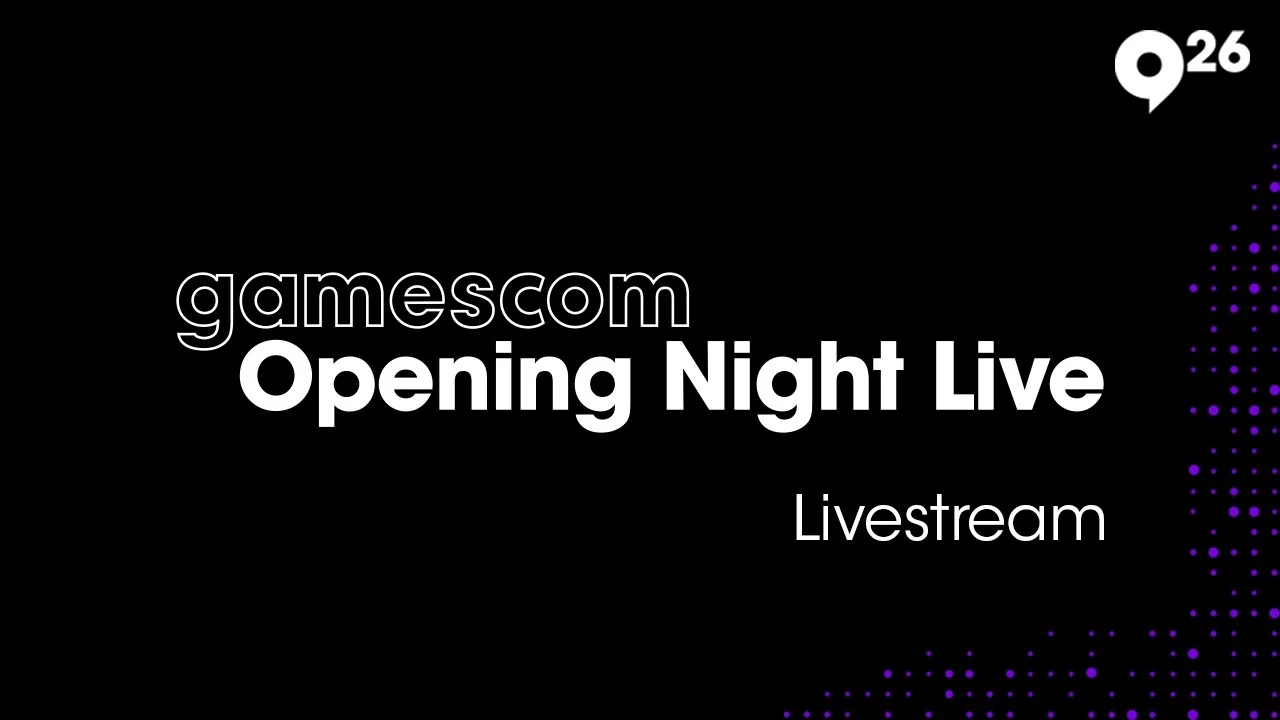 A gamescom Opening Night Live 2026 hivatalos közvetítésének fekete és lila feliratos képe