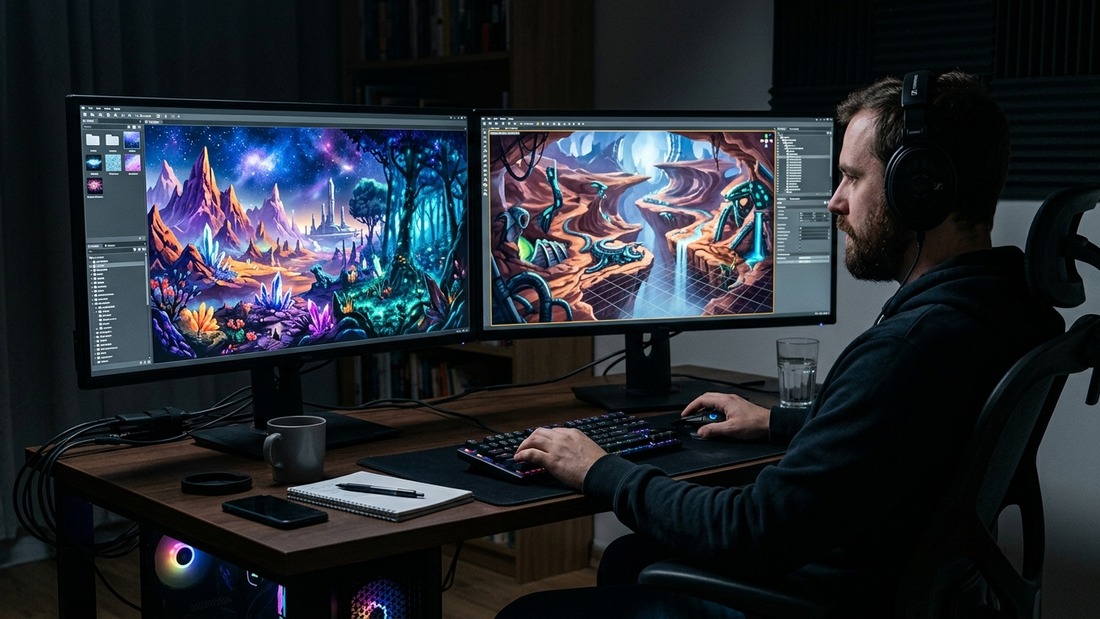 Unreal Engine 5 játékfejlesztői munkaállomás sci-fi pályatervezéssel