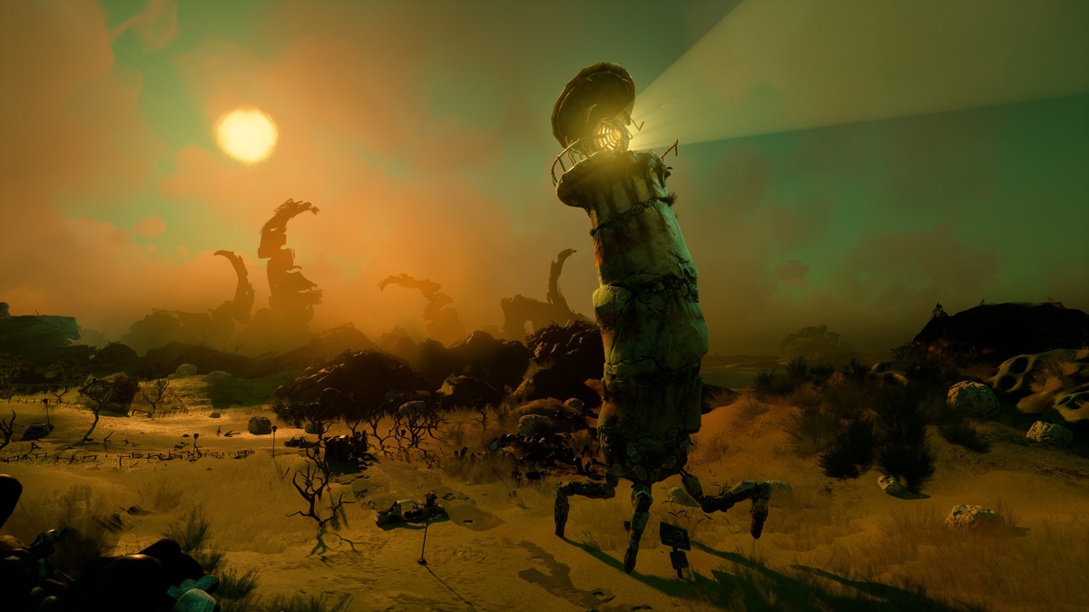 A Keeper mozgó világítótornya naplementében, a Double Fine hivatalos játékképén