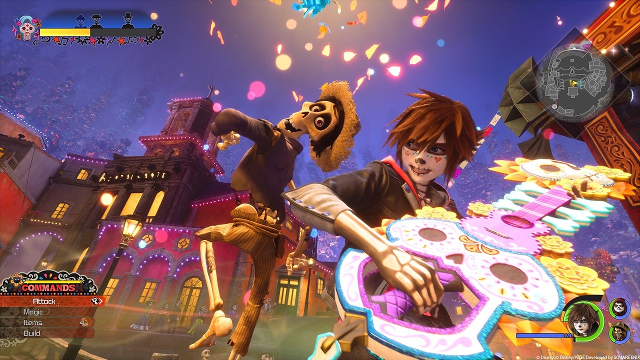 Sora a Coco világának színes, halottak napi környezetében egy hivatalos Kingdom Hearts IV trailer-képkockán