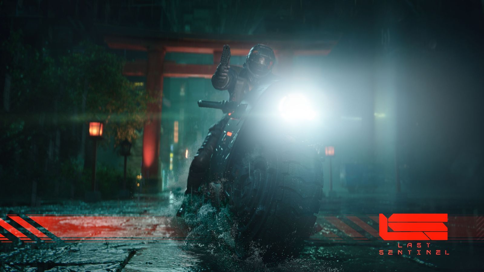 Fegyveres motoros egy esős tokiói utcán a Last Sentinelben