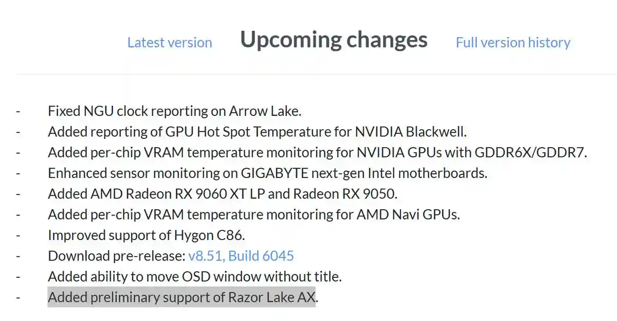 A HWiNFO változáslistája a Razor Lake AX előzetes támogatásával