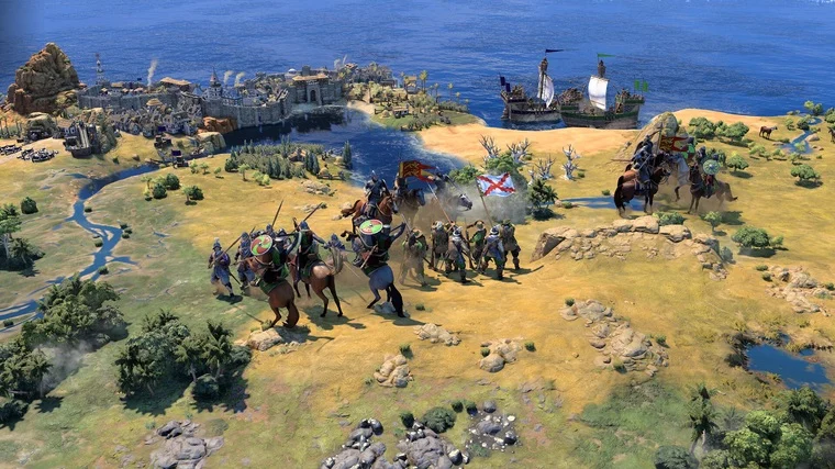 Hadseregek összecsapása és part menti hadihajók a Civilization VII stratégiai térképén