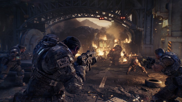 Marcus Fenix és a Delta osztag tűzharca a Sáskák ellen a Gears of War: E-Day-ben
