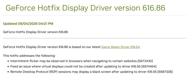 A GeForce Hotfix 616.86 illesztőprogram hivatalos kiadási megjegyzései és a kijavított hibák listája