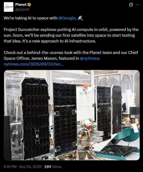 A Project Suncatcher négy Trillium TPU-val és napelemmel felszerelt hűtőgép méretű MVP kísérleti műholdja a Planet Labs laboratóriumában