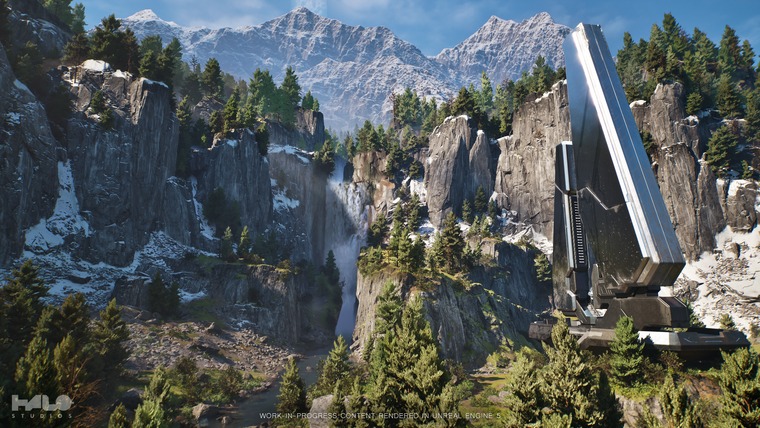 Hegyvidéki Forerunner építmény és vízesés az Unreal Engine 5 alatt futó Project Foundry demóban
