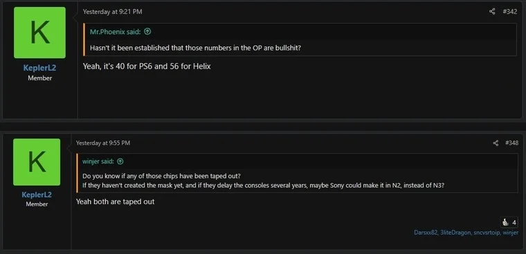 A NeoGAF fórum bejegyzései, ahol Kepler_L2 megerősíti az Xbox Helix 56 és a PS6 40 TFLOPS-os értékét