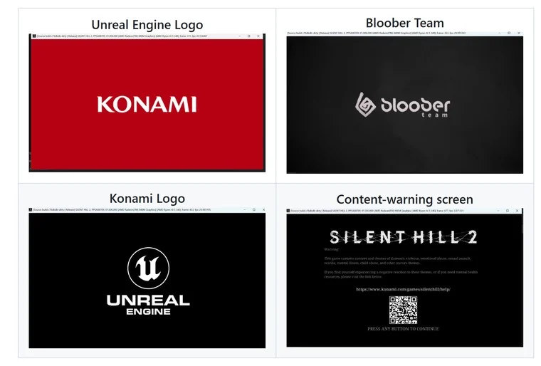 A KytyPlus PlayStation 5 emulátor indítási fázisai a Konami és Bloober Team logóktól a Silent Hill 2 figyelmeztető képernyőig