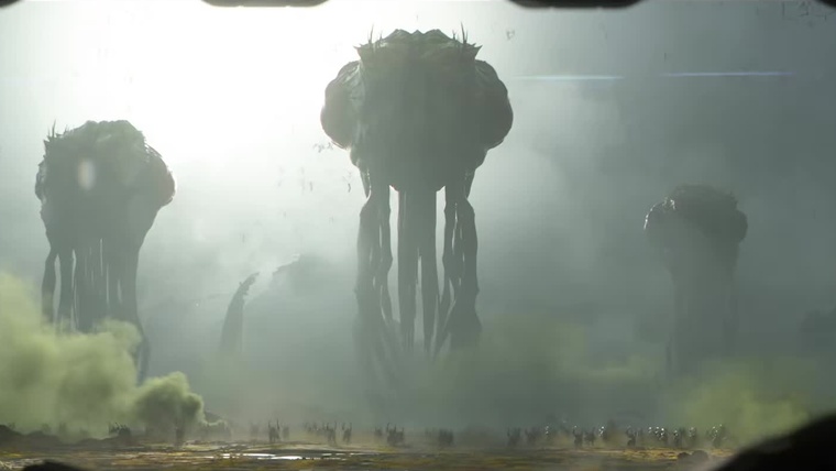 Zerg Overlordok lebegnek a harctér felett a csapatszállító rámpájáról nézve