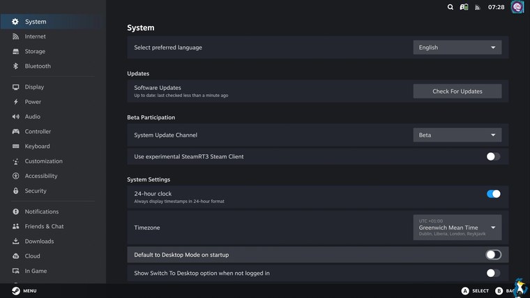 A SteamOS beállításai a natív Asztali mód gyorskapcsolóval