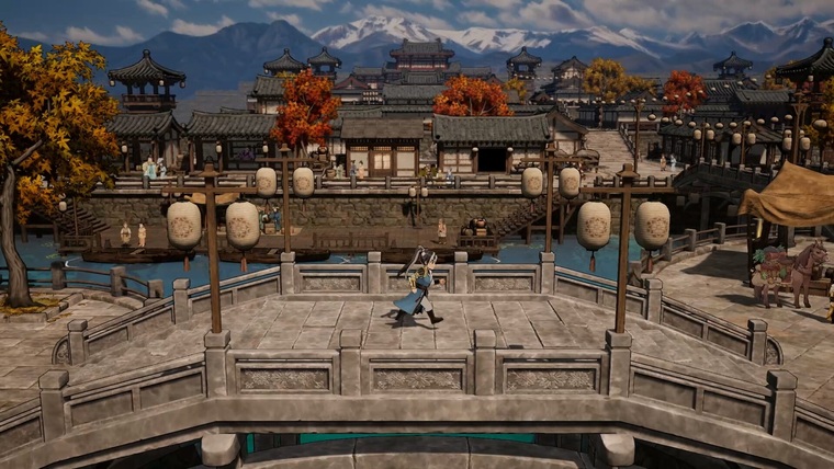 Kézzel festett 2D Tang-dinasztia korabeli város és híd a Tianji: Shadow of the Ancients játékmenetéből