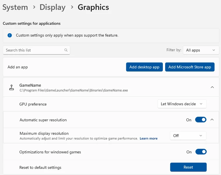 Windows 11 Gépház Grafika menüpont az Automatic super resolution kapcsolóval