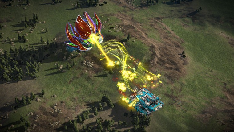 Lebegő nehézegység sárga energiasugárral támad egy páncélozott földi járművet az Ashes of the Singularity II-ben