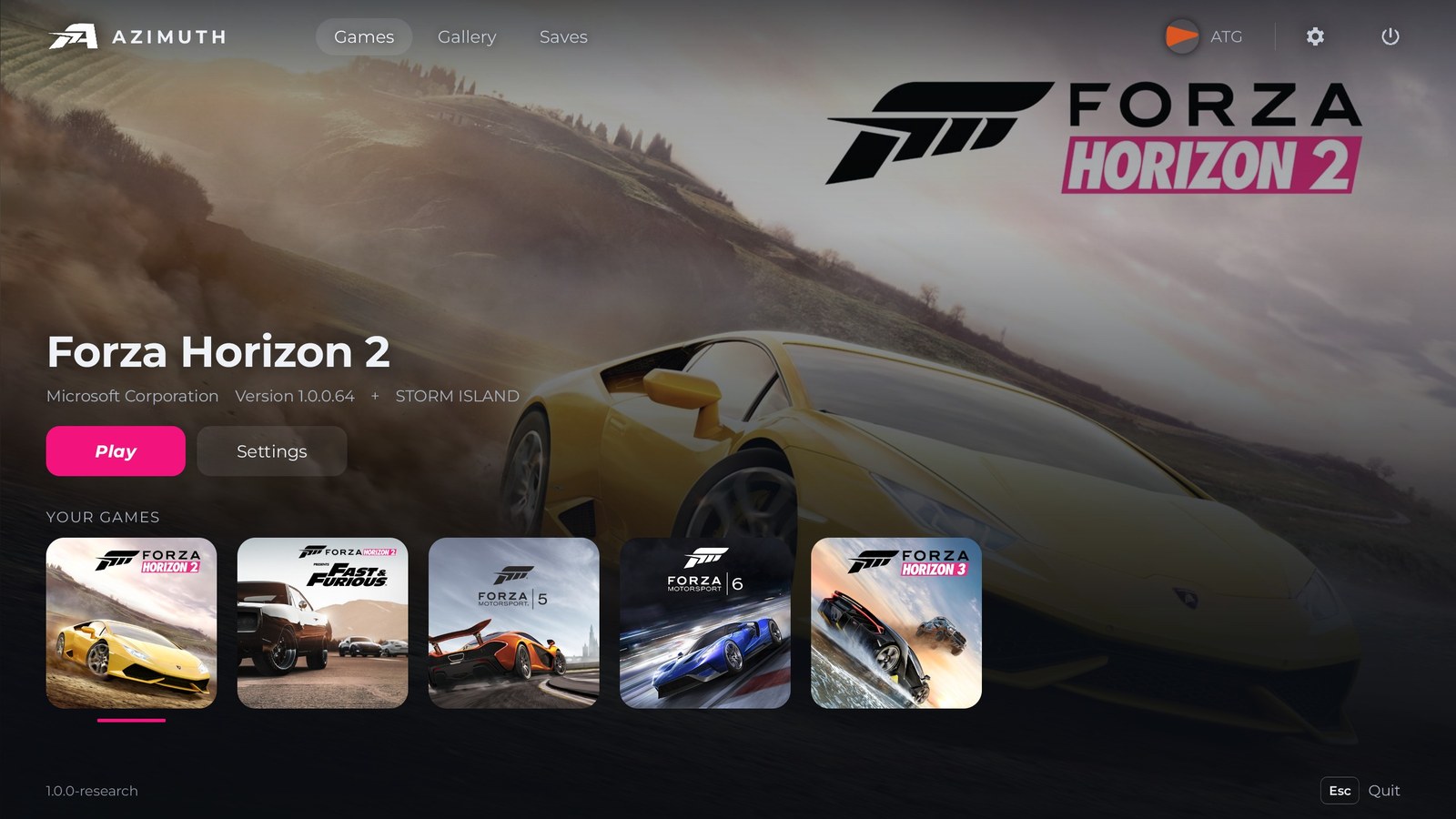Az Azimuth 1.0 indítófelülete a Forza Horizon 2 oldalával és a támogatott Forza-játékokkal