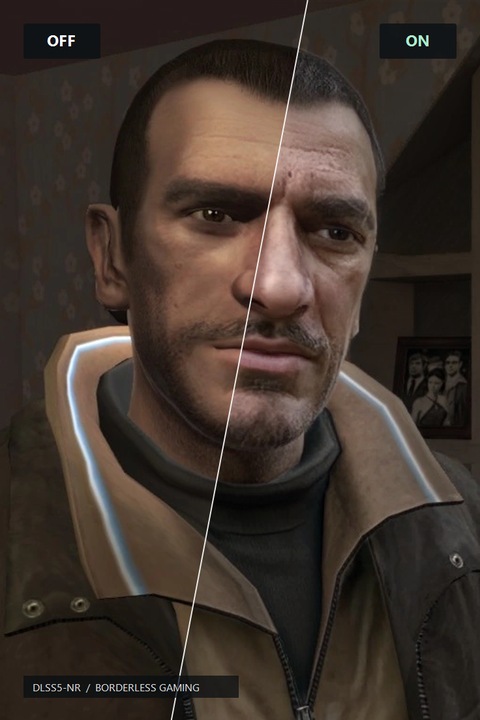 Niko Bellic portréja a Grand Theft Auto IV-ben natív és neurális rendereléses összehasonlításban
