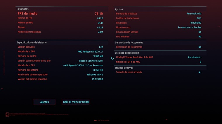 Cyberpunk 2077 benchmark eredmények Radeon RX 9070 XT videokártyán 75,19 átlagos FPS értékkel