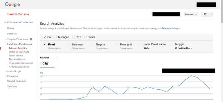 A Google Search Console felületének analitikai grafikonja a weboldal keresési teljesítményéről.