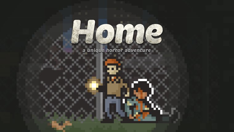 A Home - A Unique Horror Adventure pixeles borítóképe: zseblámpás férfi és egy fiú egy drótkerítés előtt, sötétben