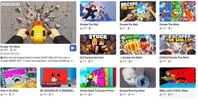 Különböző Escape the Walls másolatok listája a Roblox felületén