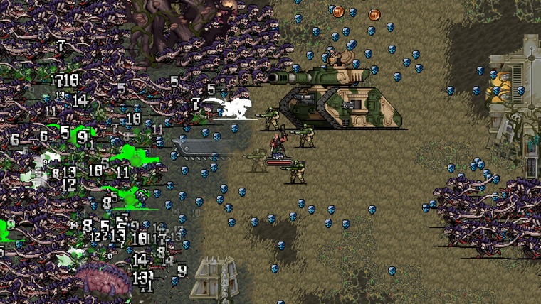 Astra Militarum egységek és egy Leman Russ harckocsi a Warhammer Survivors játékmenetében
