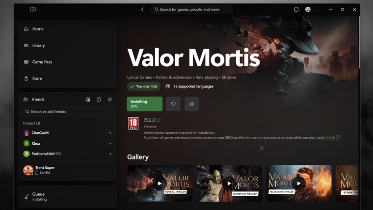 A Valor Mortis összevont könyvtári és áruházi adatlapja az új Xbox PC alkalmazásban, bal oldalon az egér-billentyűzetes navigációs sávval